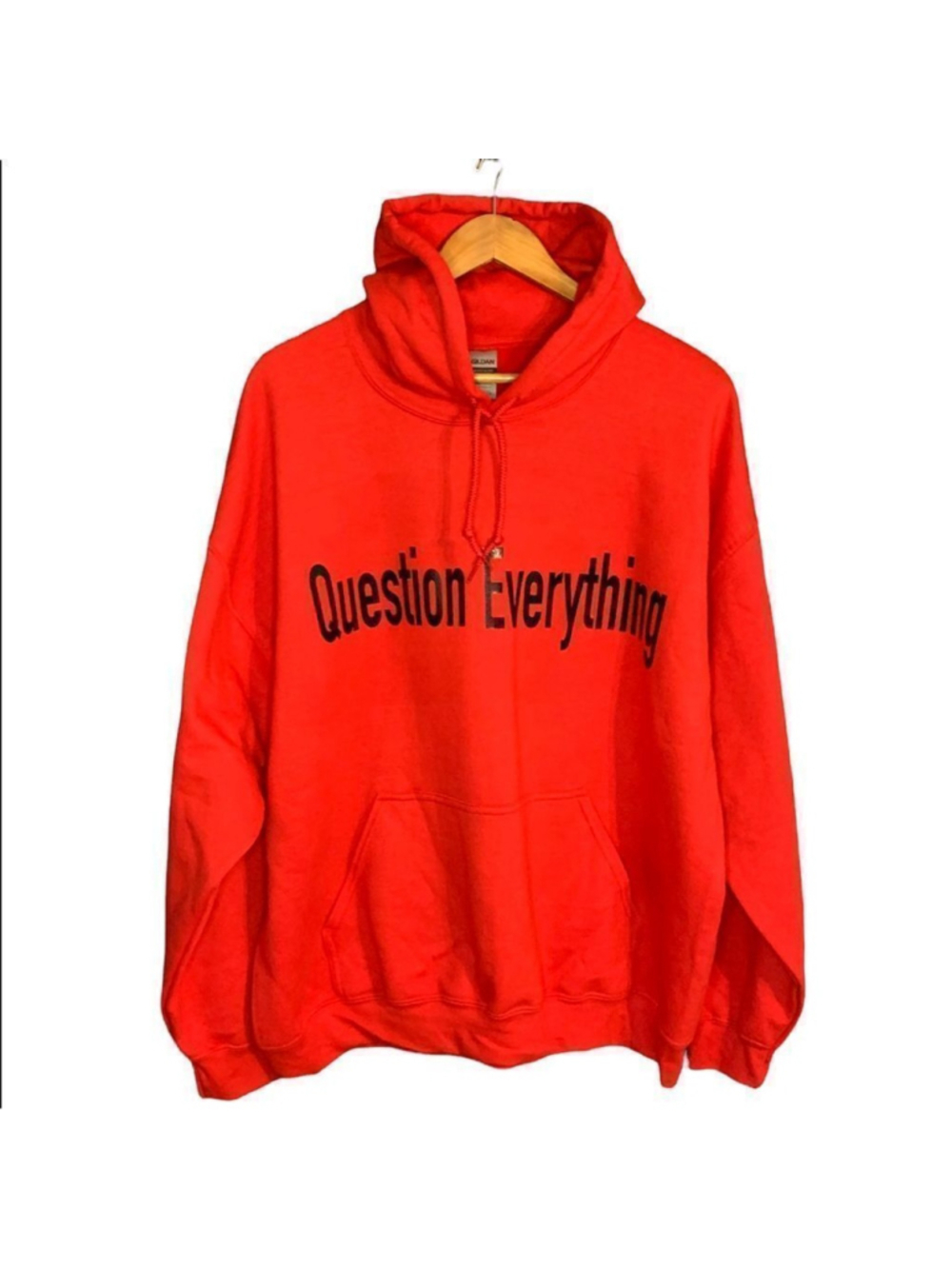 Question Everything custom hoodie size XL in red.